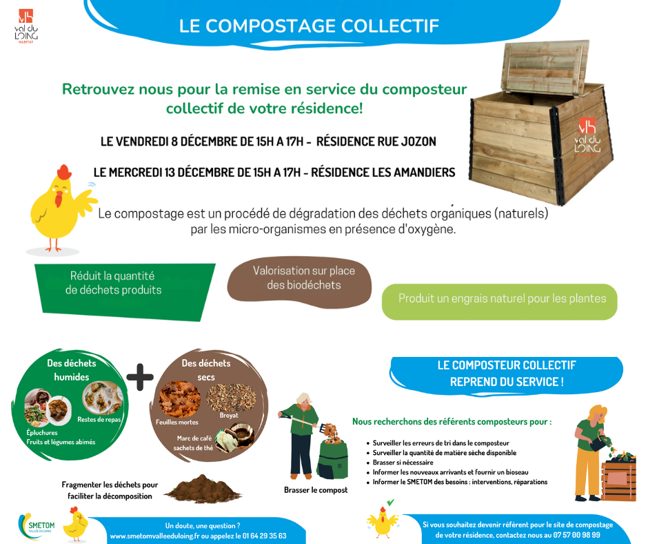 Résidence rue Jozon Vendredi 8 décembre de 15h à 17h Le compostage collectif de retour dans votre résidence ! Engagez-vous dans la réduction des déchets, la valorisation des biodéchets localement, et la production d’un engrais naturel pour vos plantes. Explorez le processus écologique et pratique du compostage, où les déchets organiques se décomposent grâce à des micro-organismes en présence d’oxygène. Rejoignez-nous pour soutenir une gestion durable des déchets et contribuer à un environnement plus sain ! Ensemble, agissons pour un futur plus vert !